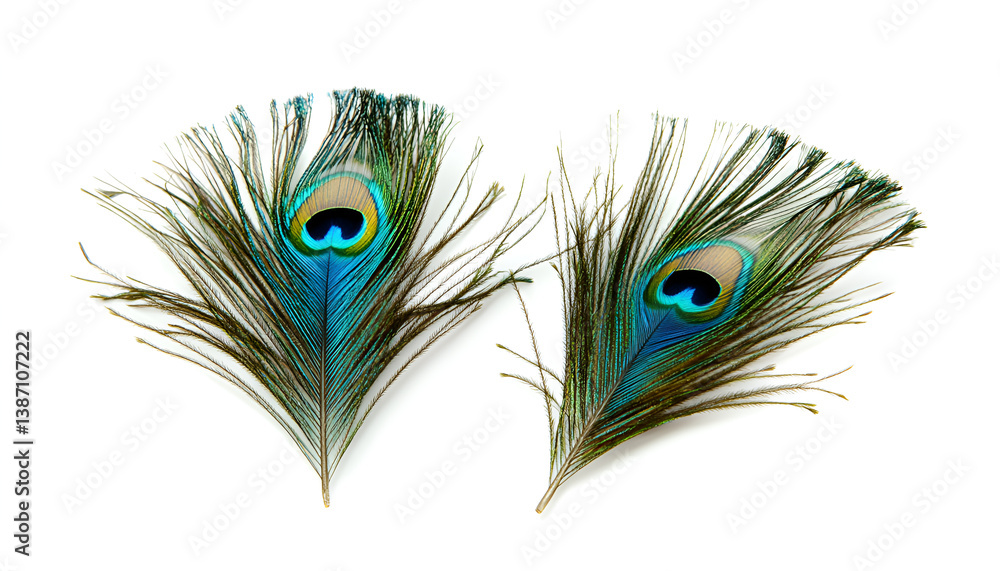 Fototapeta premium Two beautiful peacock feathers isolated on white