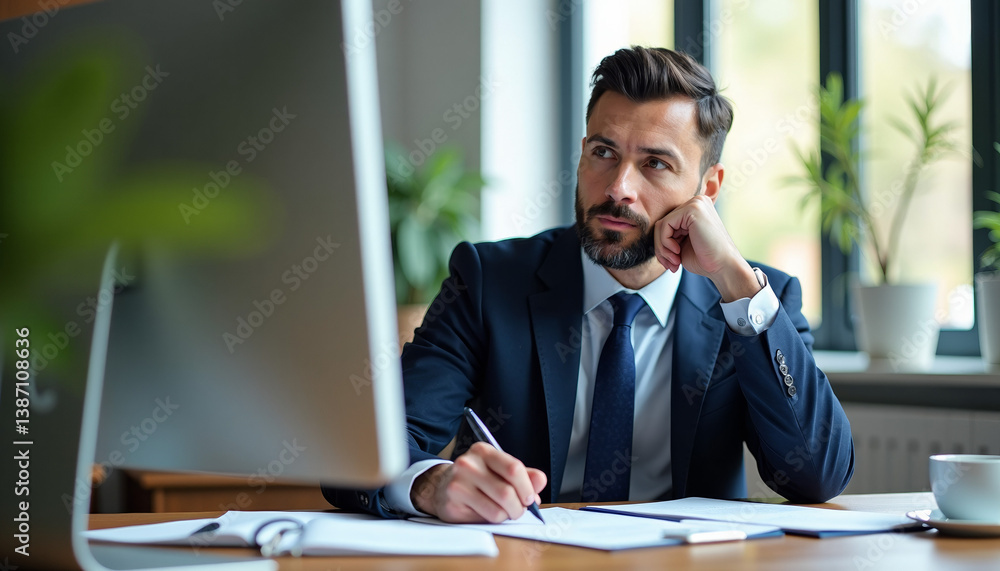 Businessman Deep in Thought at Workplace Businessman Deep in Thought at Workplace