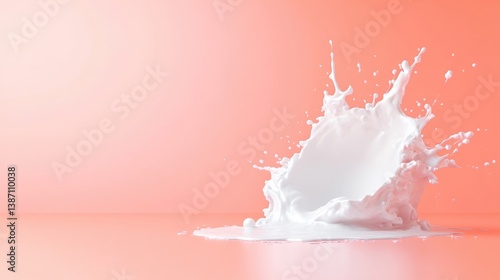 A milk splash dominates the image, its white form creating a dynamic, crown-like shape against a pale pink backdrop. The splash is sharply defined, suggesting high-resolution imagery. The lighting is