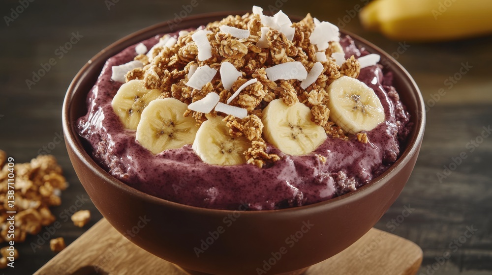 A vibrant bowl of acai topped with granola, banana, and coconut flakes. Featuring health and energy A vibrant bowl of acai topped with granola, banana, and coconut flakes. Featuring health and energy