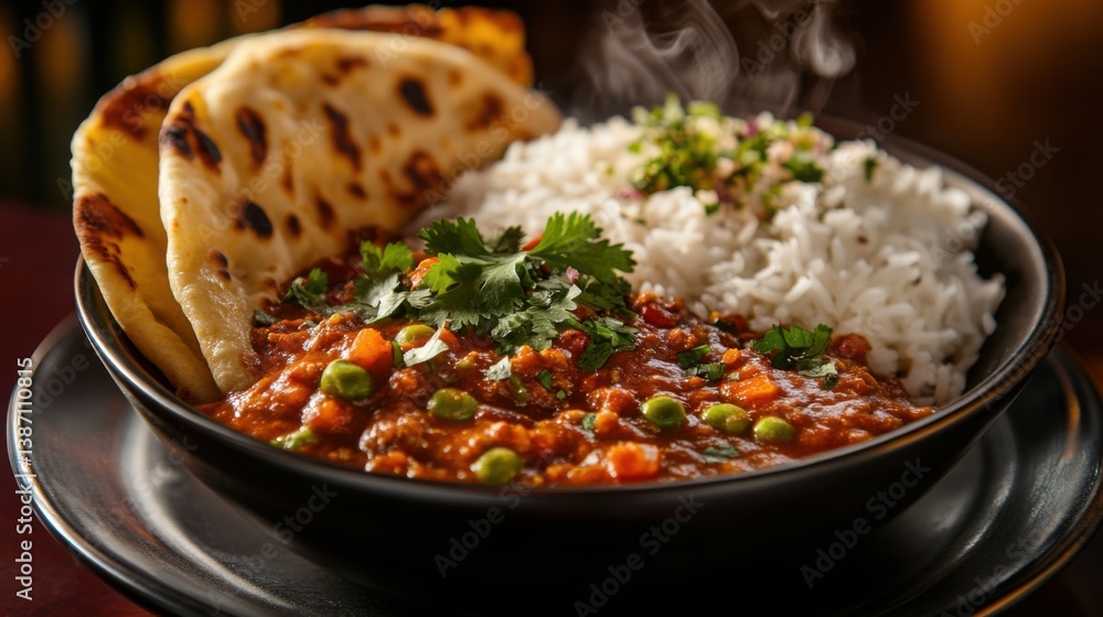 A bowl of spicy curry with rice, naan bread, A bowl of spicy curry with rice, naan bread,