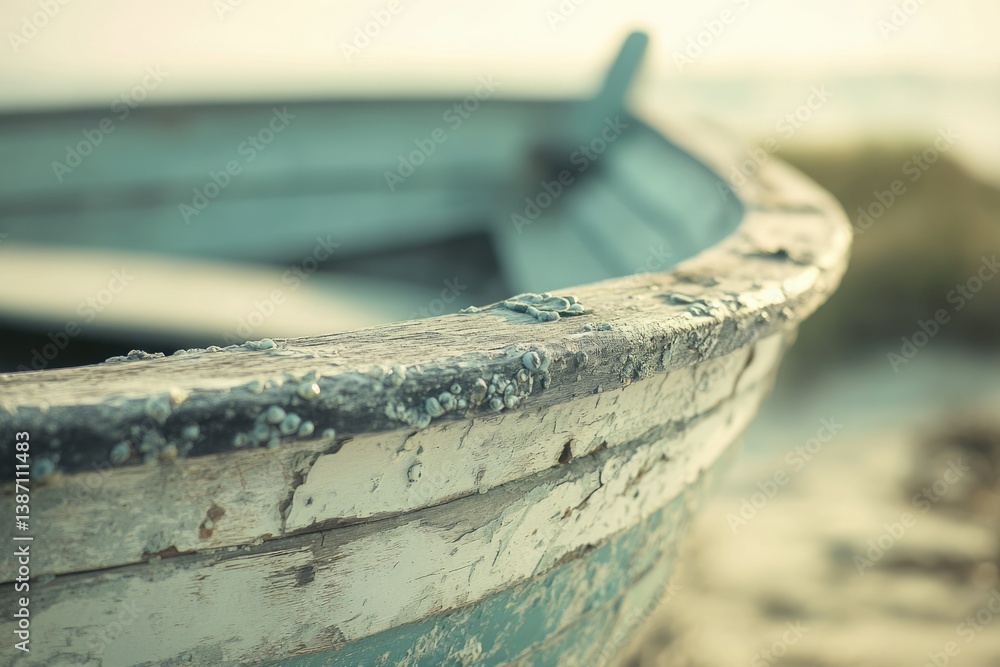 Obraz premium Weathered wooden boat on a sandy beach, showing age and sea life.