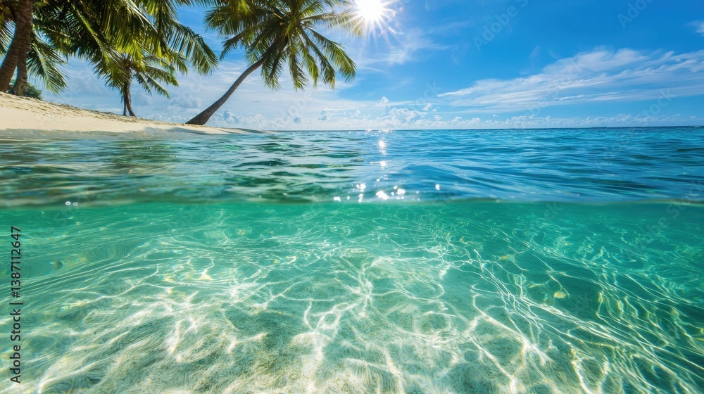 Fototapeta premium Tropical water reflects sunlight as palm trees line the serene shoreline beneath a clear blue sky during midday