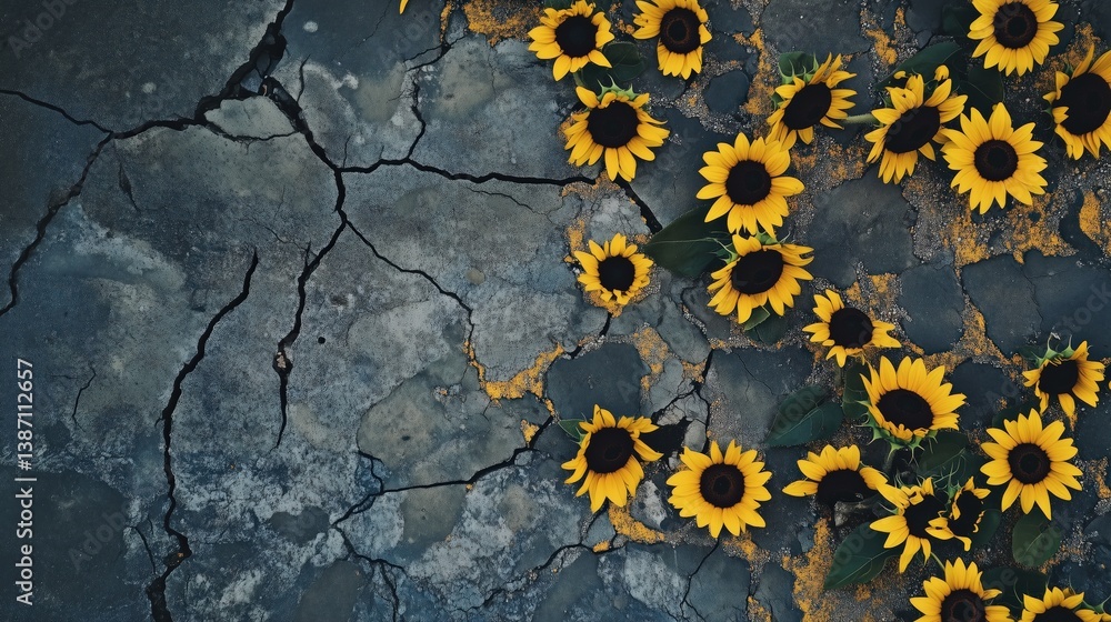 A topdown view of sunflowers scattered across A topdown view of sunflowers scattered across