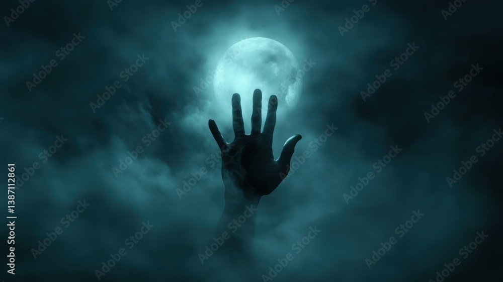 Silhouetted against the glowing full moon, a ghostly hand stretches through swirling fog and shadowy clouds, casting an eerie presence across the night sky. Silhouetted against the glowing full moon, a ghostly hand stretches through swirling fog and shadowy clouds, casting an eerie presence across the night sky.