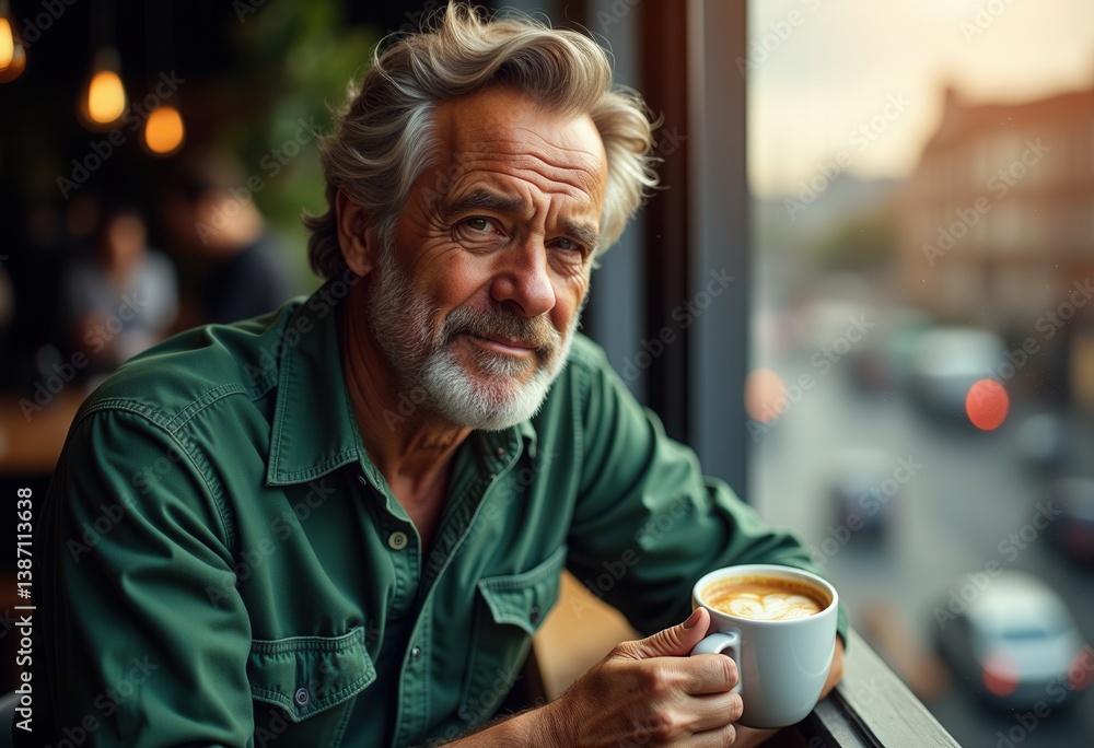 Middle-aged man enjoying coffee while gazing out the window Middle-aged man enjoying coffee while gazing out the window