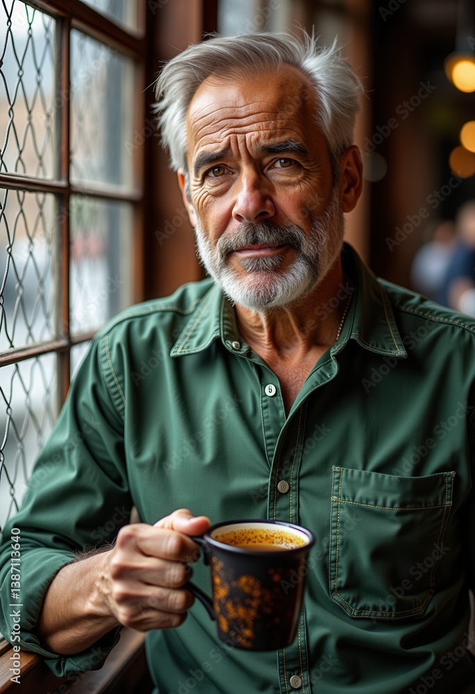 Middle-aged man thoughtfully holding a coffee cup by a window Middle-aged man thoughtfully holding a coffee cup by a window