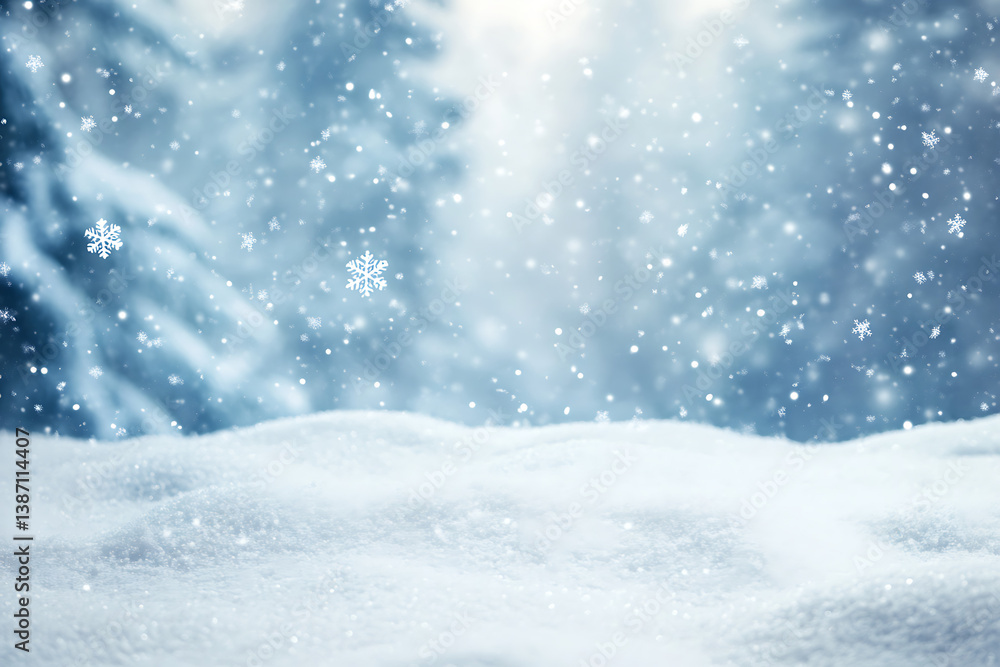 Winter background with snow and falling snowflakes. Winter landscape with white snowdrifts, blurred forest in the distance. Christmas winter background for product presentation. Winter background with snow and falling snowflakes. Winter landscape with white snowdrifts, blurred forest in the distance. Christmas winter background for product presentation.