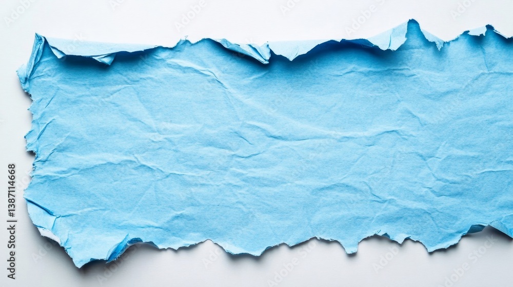 Fototapeta premium Torn blue paper sheet with wrinkled texture on white background surface.