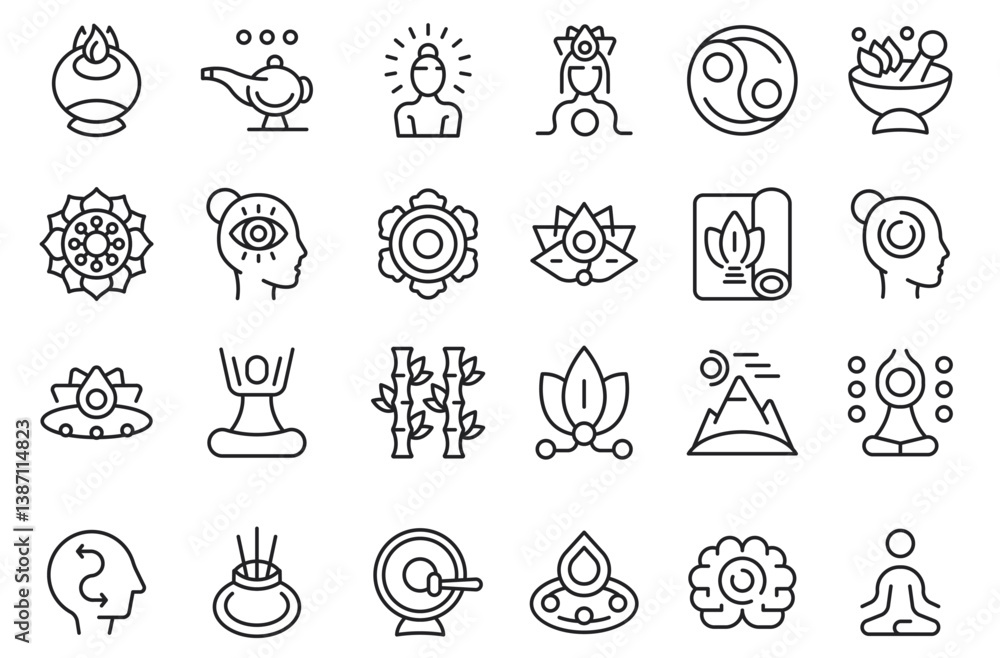 Fototapeta premium Yoga and meditation icons. Large set of yoga and Meditation trendy minimal icons. Yoga Pose, Meditation, Stretching icon. Design signs for web page, mobile app, packaging design. Vector illustration