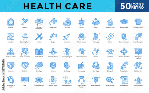 Health Care icons set with hospital, surgeon, general practitioner, pediatrician, pharmacy, dentist, doctor, reception desk, surgeon mask, medical uniform icon. Simple retro vector 
