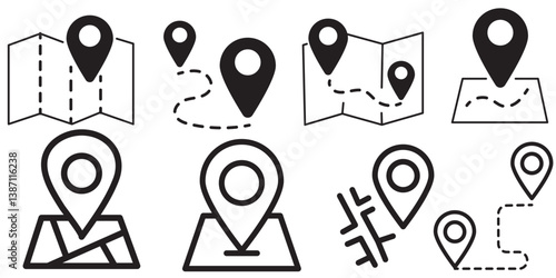 Map and location symbols set. Mapping icon collection. Geolocation map path distance. GPS cartography position. Pinpoint, map search, route, navigator - vector stock