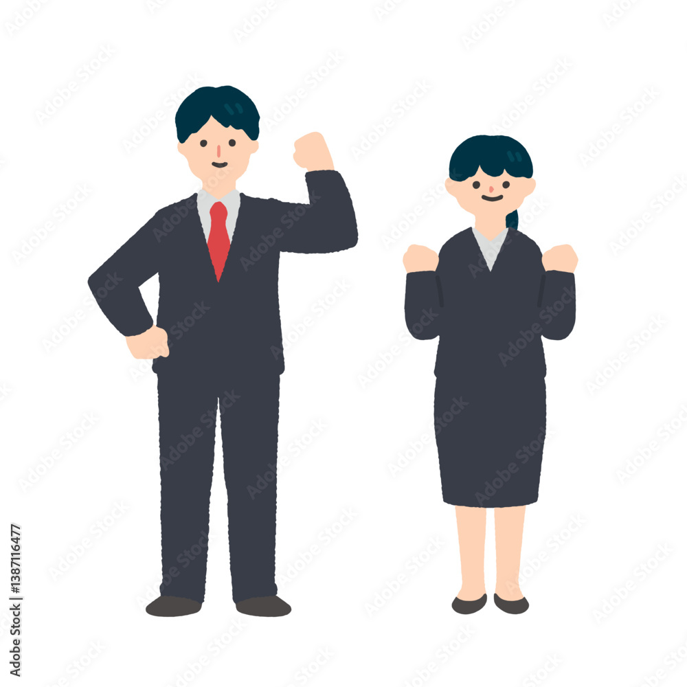 笑顔でガッツポーズをするスーツ姿の男性と女性 笑顔でガッツポーズをするスーツ姿の男性と女性