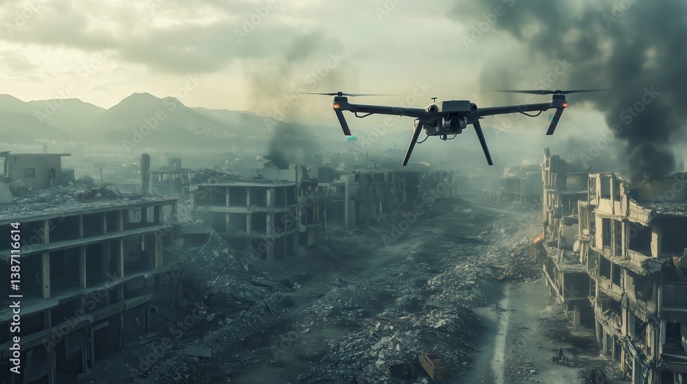 Fototapeta premium A military drone cuts through the smoky sky above a devastated cityscape, its silent presence surveying the wreckage of a once-thriving urban area now marked by conflict.