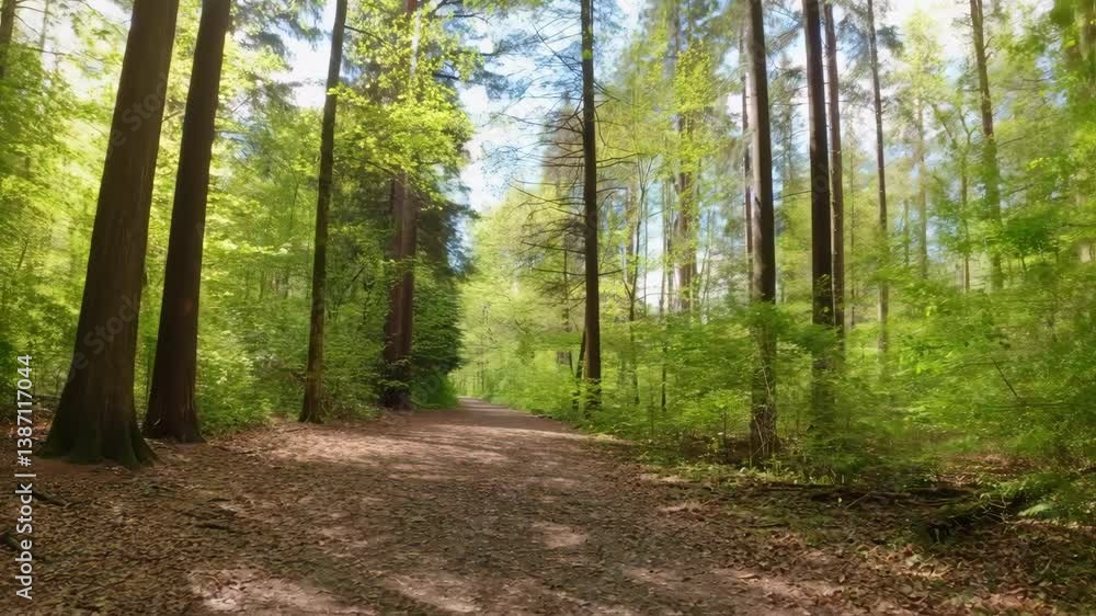 Majestic forest path inviting exploration in vibrant greenery under a bright sky Majestic forest path inviting exploration in vibrant greenery under a bright sky