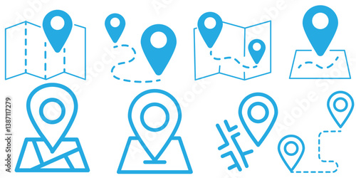 Map and location symbols set. Mapping icon collection. Geolocation map path distance. GPS cartography position. Pinpoint, map search, route, navigator - vector stock