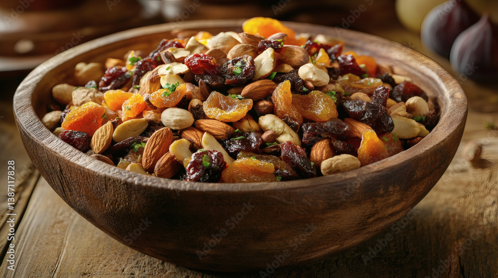 Rustic Charm: Dried Fruits & Nuts in Wooden Bowl Rustic Charm: Dried Fruits & Nuts in Wooden Bowl
