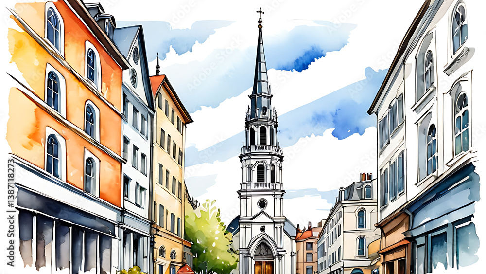 Naklejka premium Watercolor Painting of European Town Street with Church Spire Under Cloudy Sky