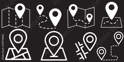 Map and location symbols set. Mapping icon collection. Geolocation map path distance. GPS cartography position. Pinpoint, map search, route, navigator - vector stock