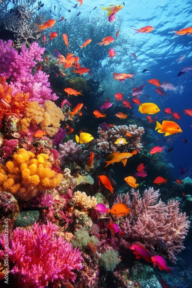 Fototapeta premium Colorful coral reef with many small fish swimming in blue