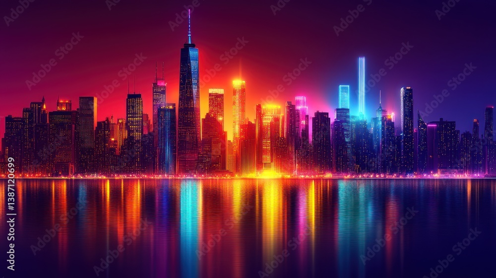 Fototapeta premium Neon NYC skyline reflected in water at night