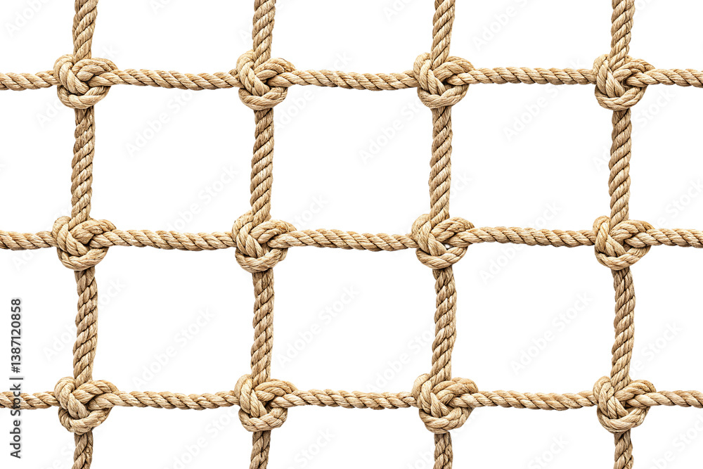 Detailed rope mesh with seamless knots, showcasing pattern repetition and strong twisted fibers in grid layout, isolated on a transparent background Detailed rope mesh with seamless knots, showcasing pattern repetition and strong twisted fibers in grid layout, isolated on a transparent background