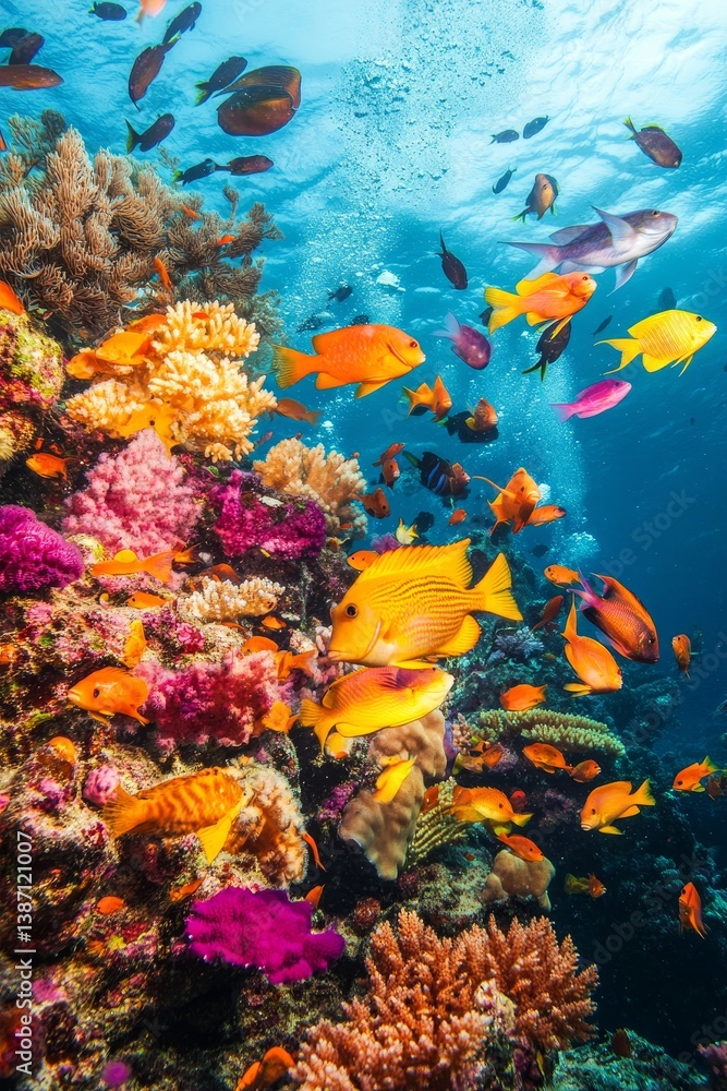 Obraz premium Colorful coral reef with many small fish swimming in clear