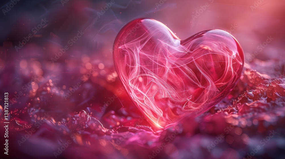 Radiant heart of glass, glowing in fiery landscape Radiant heart of glass, glowing in fiery landscape