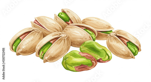 Delicious Pistachios Nuts Watercolor Painting Shelled and Unshelled Close up View