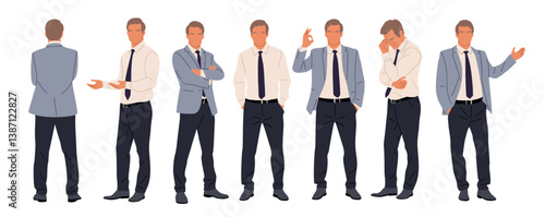 Businessman character in different poses. Handsome business man in formal suit standing front, back, rear, side view, pointing, thinking. Vector realistic illustrations isolated on white background