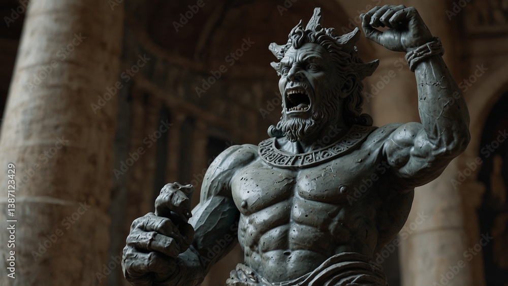 A statue of Hemures, god of devoured sound, with a sewn mouth, surrounded by a vortex that consumes all noise A statue of Hemures, god of devoured sound, with a sewn mouth, surrounded by a vortex that consumes all noise