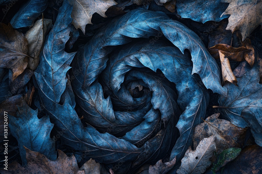 Obraz premium A mesmerizing spiral of dark blue autumn leaves, creating a unique natural artwork.