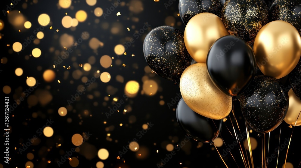 Naklejka premium Elegant party celebration with premium black and gold balloons, soft lighting, and a smooth gradient.
