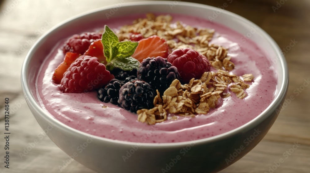 A vibrant smoothie bowl topped with granola, chia seeds, and fresh berries. Featuring health, freshness, and flavor A vibrant smoothie bowl topped with granola, chia seeds, and fresh berries. Featuring health, freshness, and flavor