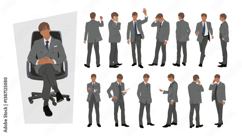 Businessman character in different poses. Handsome business man in formal suit standing, walking, sitting, with phone, front, back, side view. Vector realistic illustration set on white background Businessman character in different poses. Handsome business man in formal suit standing, walking, sitting, with phone, front, back, side view. Vector realistic illustration set on white background