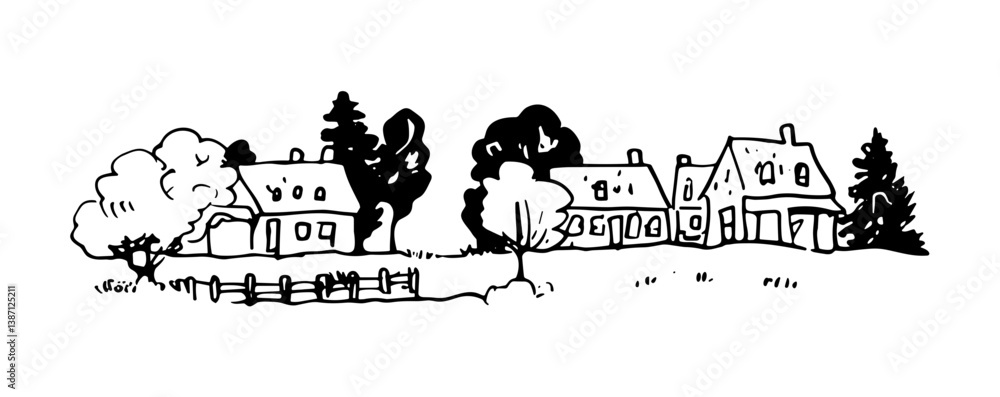 Fototapeta premium Cartoon village with houses, trees, and simple fence in black and white line art.