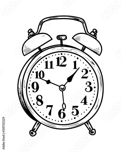 Classic alarm clock vector design. Vintage style illustration. Morning time keeping drawing