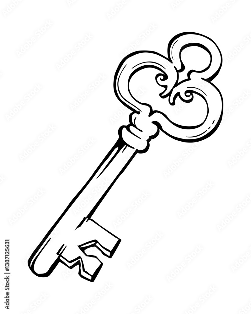 Line art drawing of an old-fashioned skeleton key. Great for designs Line art drawing of an old-fashioned skeleton key. Great for designs