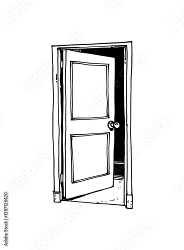 Vector icon of an isolated open door illustration, simple drawing line art style design.