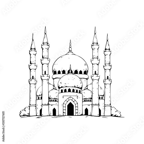 Black and white vector icon of a mosque, Islamic architecture building detailed illustration.