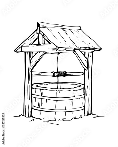 A hand-drawn sketch of a traditional wooden wishing well vector icon.
