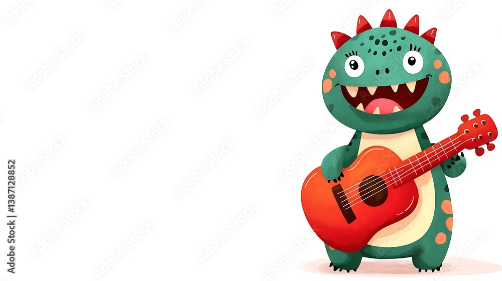 Fototapeta premium Cute Cartoon Dinosaur Playing Guitar with Bright Colors and Smile