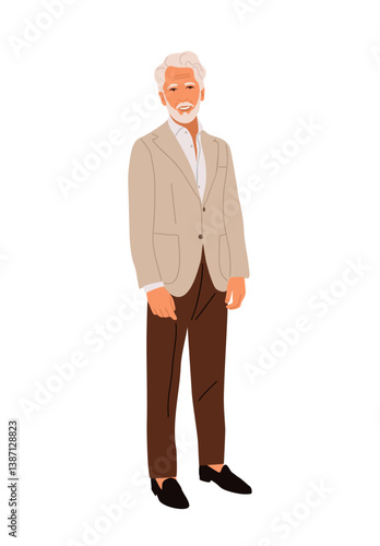 Senior businessman standing in fashionable modern smart casual attire. Stylish confident aged man wearing formal business suit. Male character vector realistic illustration isolated