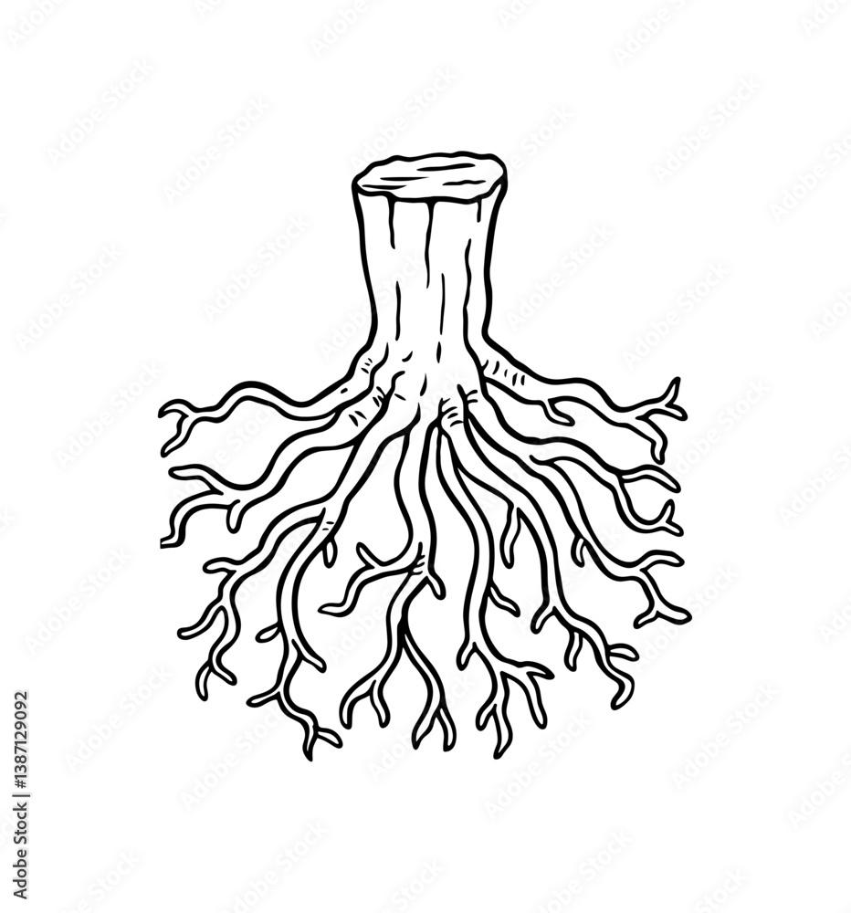 Simple tree stump with roots vector icon illustration, black lines on white background. Simple tree stump with roots vector icon illustration, black lines on white background.