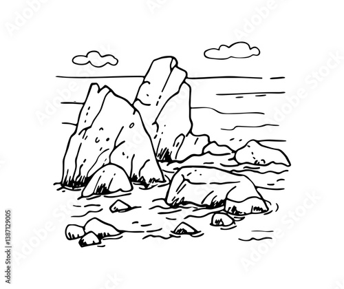 Hand-drawn sketch of sea rocks and small clouds, an illustration, black and white vector icon.