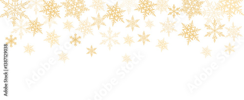 Abstract Christmas background with gold snowflakes border. Winter golden snowflakes different shapes. Luxury Xmas Overlay, banner, cover, template. Vector Realistic illustration on white background. 