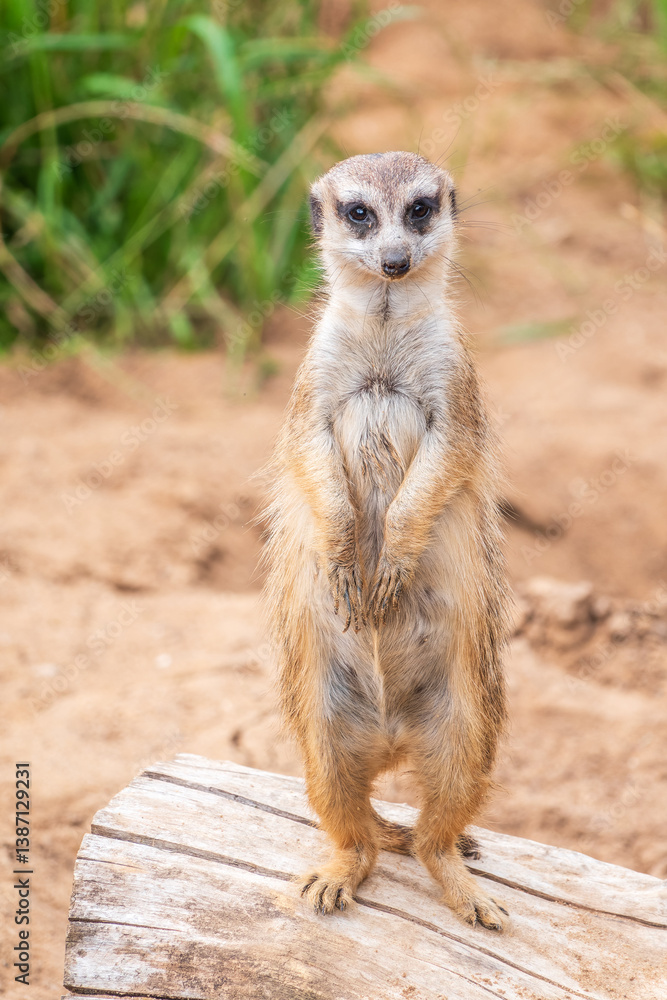 Fototapeta premium Meerkat, Suricata suricatta, on hind legs. Portrait of meerkat standing on hind legs with alert expression. Portrait of a funny meerkat sitting on its hind legs.