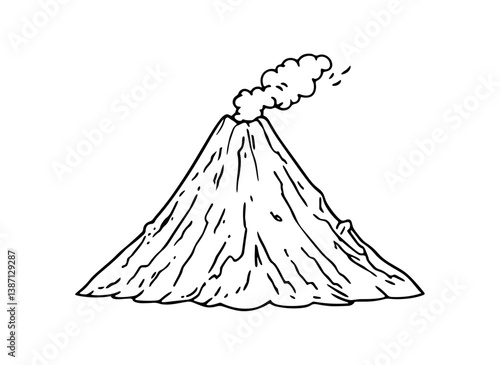 Detailed black and white volcano illustration erupting with smoke, isolated on white.