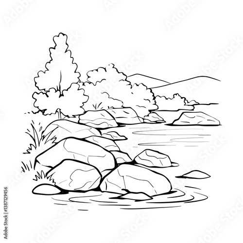 A detailed line art vector illustration features a river landscape with rocks and trees.