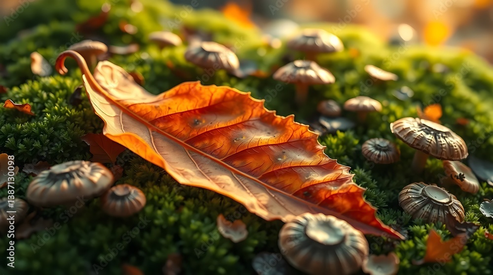 A close-up of fallen leaves in brilliant fall colors scattered over mossy ground and forest mushrooms A close-up of fallen leaves in brilliant fall colors scattered over mossy ground and forest mushrooms